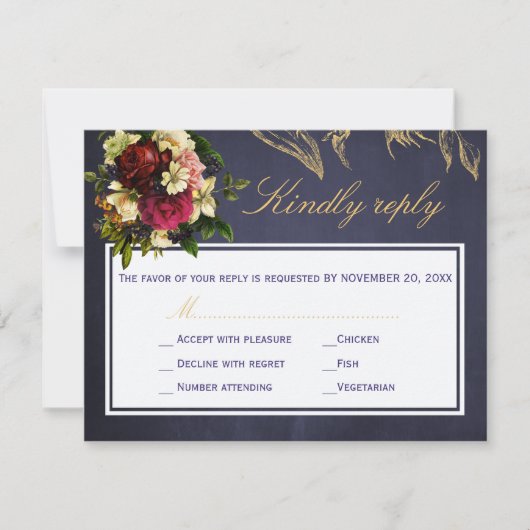 Elegante marine bordeaux gouden script bloemenbrui RSVP kaartje (Voorkant)