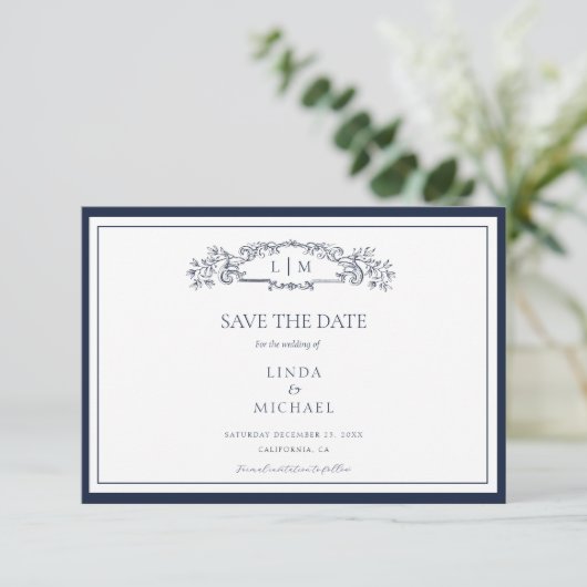Elegante Marine botanische kam monogram bruiloft O Save The Date (Staand voorkant)
