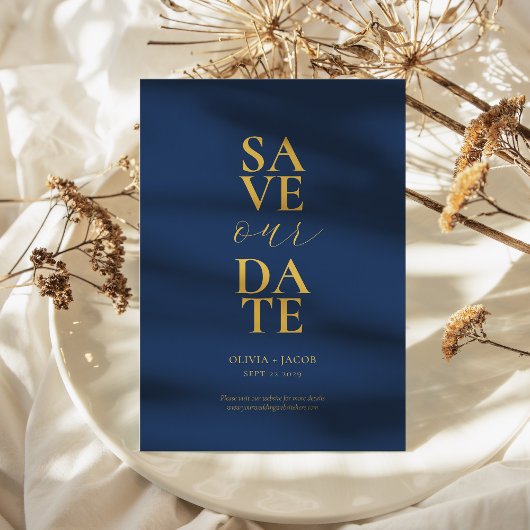 Elegante Marine en Gouden Minimalistische Bruiloft Save The Date