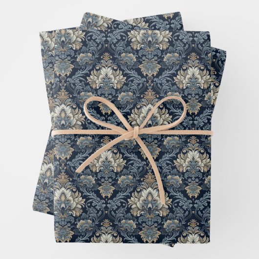 Elegante marine en ivoor damast jacquard patroon inpakpapier vel (In situ)