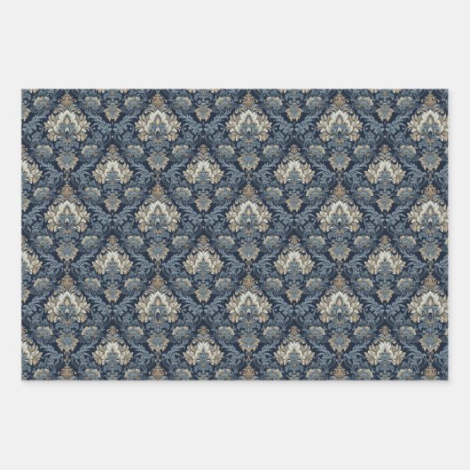 Elegante marine en ivoor damast jacquard patroon inpakpapier vel (Voorkant)