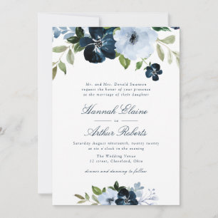 elegante marine en lichtblauwe florale bruiloft kaart