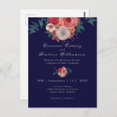 Elegante marine en rode roos waterverf bruiloft briefkaart (Voorkant / Achterkant)