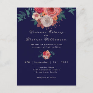 Elegante marine en rode roos waterverf bruiloft briefkaart
