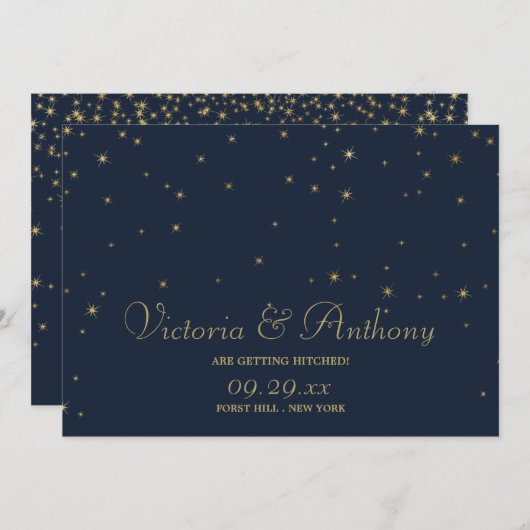 Elegante Marine & Goud Vallende Sterren Sla de Dat Save The Date (Voorkant / Achterkant)