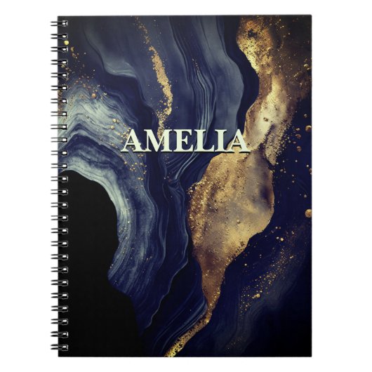 Elegante marine marmer kunst faux gouden glitter notitieboek (Voorkant)