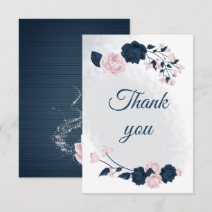 Elegante marine & roze bloemen botanisch bedankkaart