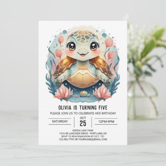 Elegante Marine Turtle Meisje Verjaardag Kaart (Staand voorkant)