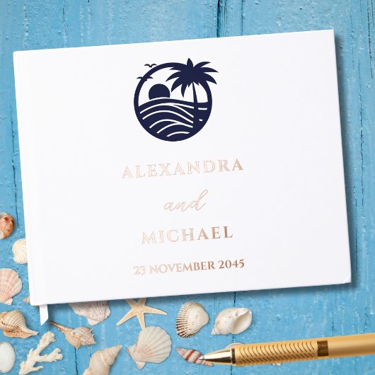 Elegante Marine Witte Palm Tree Coastal Wedding Gastenboek