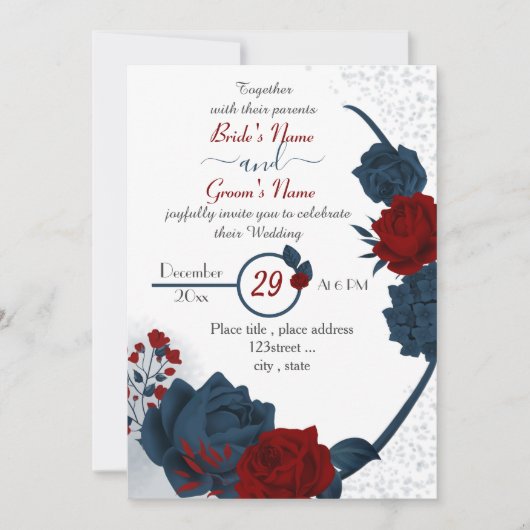 elegante marineblauw en burgundy rode bloemen brui kaart (Voorkant)