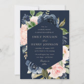 Elegante marineblauw en roze blos bloeit bruiloft kaart (Voorkant)