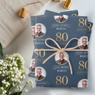 Elegante Marineblauw & Goud 80ste & Legendarische  Inpakpapier Vel