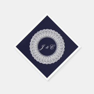 Elegante marineblauw & witte kant cocktail servet