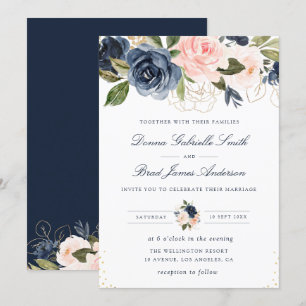 Elegante marineblauwe en blozende bloemenbruiloft kaart