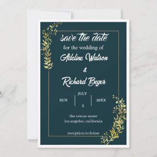 Elegante marineblauwe en gouden bloemen bruiloftsi kaart
