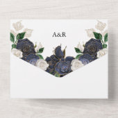 Elegante marineblauwe en witte bloemen bruiloft all in one uitnodiging (Achterkant)