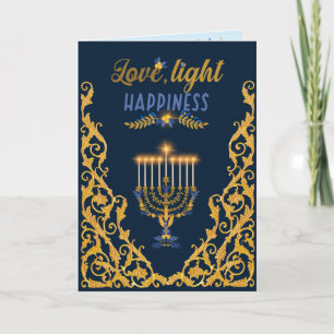 Elegante marineblauwe Hanukkah-menorah Kaart