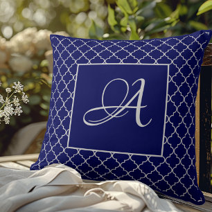Elegante marineblauwe Marokkaanse damast monogram Kussen