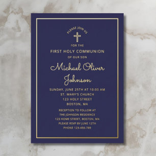 Elegante marineblauwe script eerste communie goud folie uitnodiging