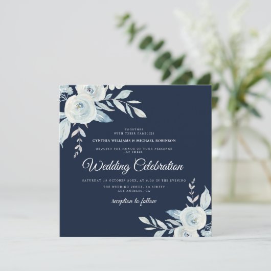 elegante marjoen en dusty blue bruiloft kaart (Staand voorkant)