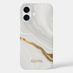 Elegante Marmer en Gouden Glitter Gepersonaliseerd iPhone 16 Hoesje
