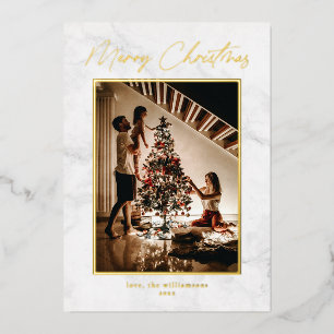 Elegante marmer wit goud twee foto kerst folie feestdagenkaart