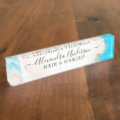 Elegante marmeren blauwe en witte agaat gouden gli naambordje (Zijkant)