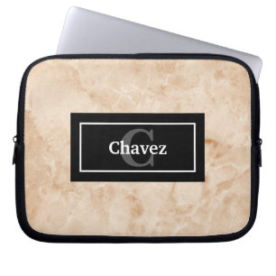 Elegante Marmeren Rotstextuur met Naam en Monogram Laptop Sleeve