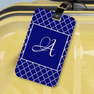 Elegante Marokkaanse damast marineblauwe monogram Bagagelabel