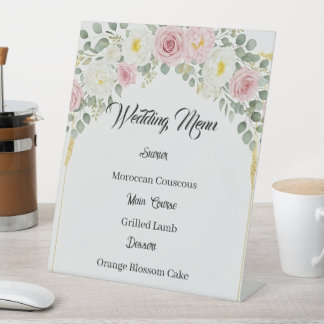 Elegante Marokkaanse Gouden Bloemen Wedding Menu Reclamebord Met Voetstuk