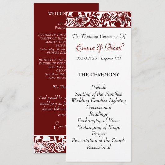 Elegante Maroon-Bourgondische bruiloft platte prog Programma (Voorkant / Achterkant)