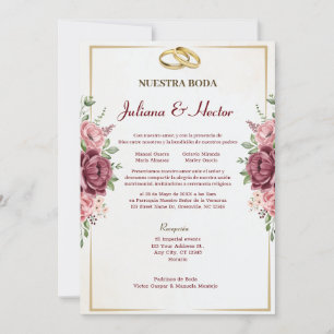 Elegante Maroon en Gouden Bloemen Huwelijk Kaart