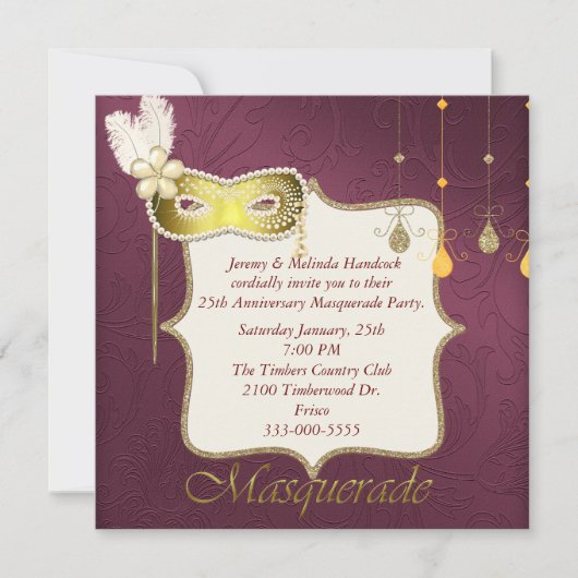 Elegante Maroon & Gouden Maskerade Feest Uitnodigi Kaart (Voorkant)