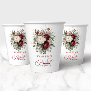 Elegante Marsala Bloemrijke Bruidsdouche Papieren  Bekers
