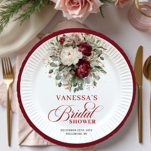Elegante Marsala Bloemrijke Bruiloft Feestservies Papieren Bordje