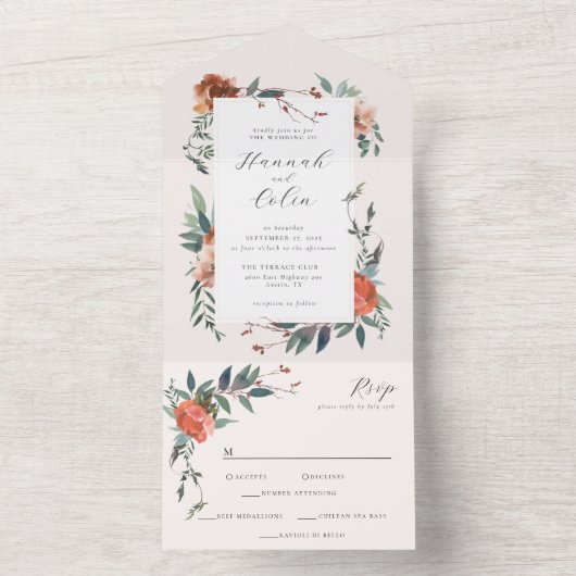 Elegante Marsala Peach Botanical Garden All In One Uitnodiging (Binnen)