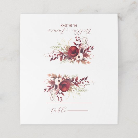 Elegante Marsala Rode Bloemen Bruiloft Plaats Kaar (Buitenkant ongevouwen)