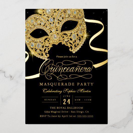 Elégante mascarade or Quinceanera Invitation (Recto)
