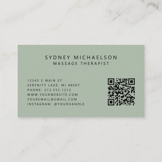 Elegante Massage Therapeut QR Code Salie Groen Visitekaartje (Achterkant)