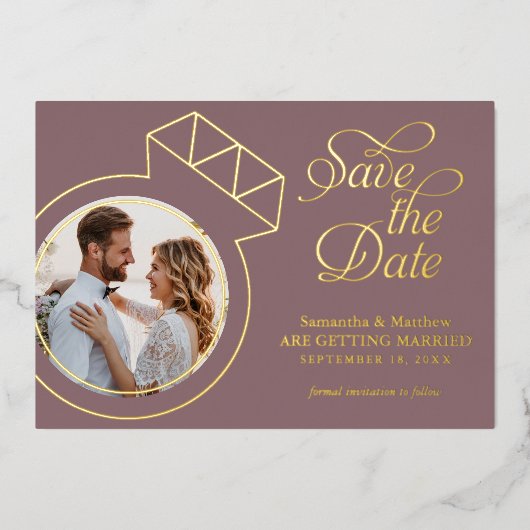 Elegante mauve foto trouwkaart save the date folie uitnodiging (Voorkant)