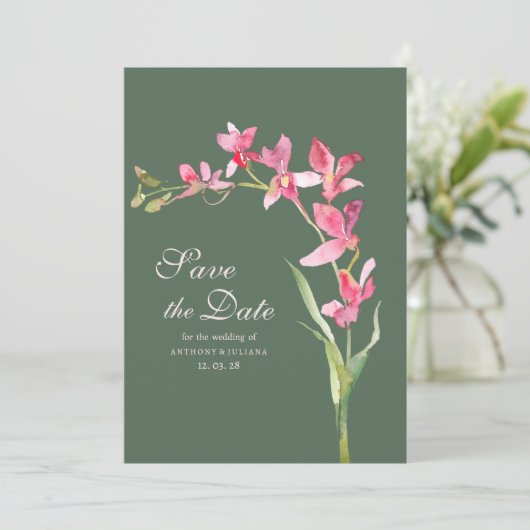 Elegante mauve groene roze orchidee Save the Date Kaart (Staand voorkant)