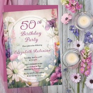 Elegante mauve Multi 50ste verjaardagsfeest bloe Kaart