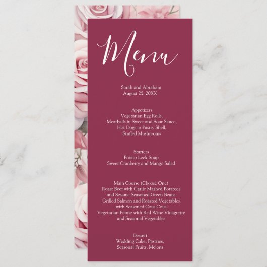 Elegante Mauve Roze en Witte Rozen Wedding Menu (Voorkant / Achterkant)