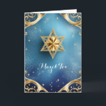 Élégante Mazel Tov, Carte de voeux pliée 5" x 7"<br><div class="desc">Gold Star de David avec des détails d'or exquis contre un arrière - plan bleu; l'accueil est "Mazel Tov" sur le devant. L'intérieur a été laissé en blanc pour que vous personnalisiez cette carte élégante. Suggéré pour les mariages,  anniversaires,  bar mitzvahs,  bat mitzvah et autres occasions spéciales ou vacances.</div>