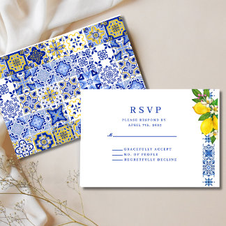 Elegante mediterrane citroen en blauwe bruiloft RSVP kaartje