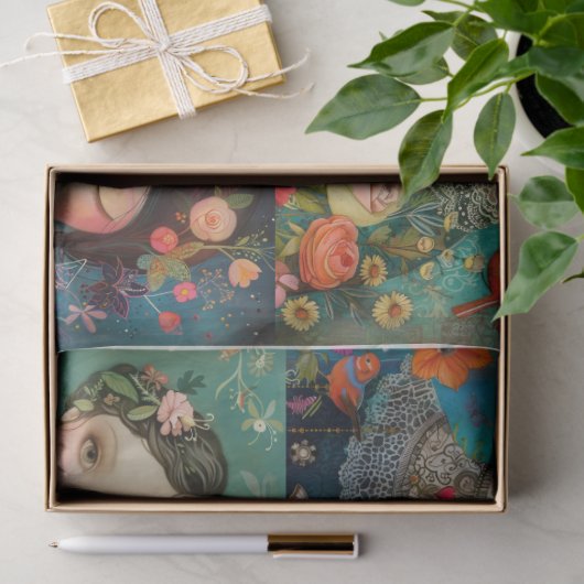 Elegante Meisjes Kleurrijke Bloemen Decoupage Coll Tissuepapier (Geschenk)