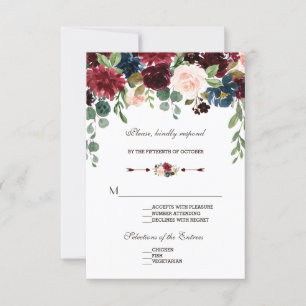 Elegante Merlot Marine Blauwe Bloemen Huwelijk RSV RSVP Kaartje