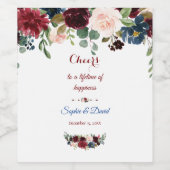 Elegante Merlot Navy Blauwe Bloemige Bruiloft Wijn Etiket (Enkel label)