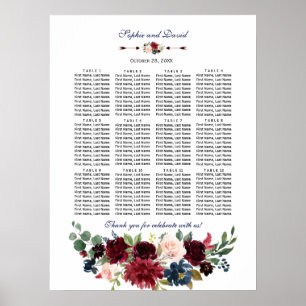 Elegante Merlot Navy Bloemen Bruiloft Zitplaatskaa Poster
