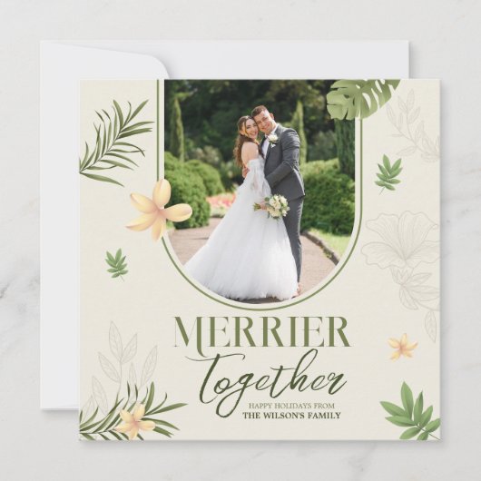 Elegante Merrier Samen Groen Bladeren Thema Feestdagenkaart (Voorkant)